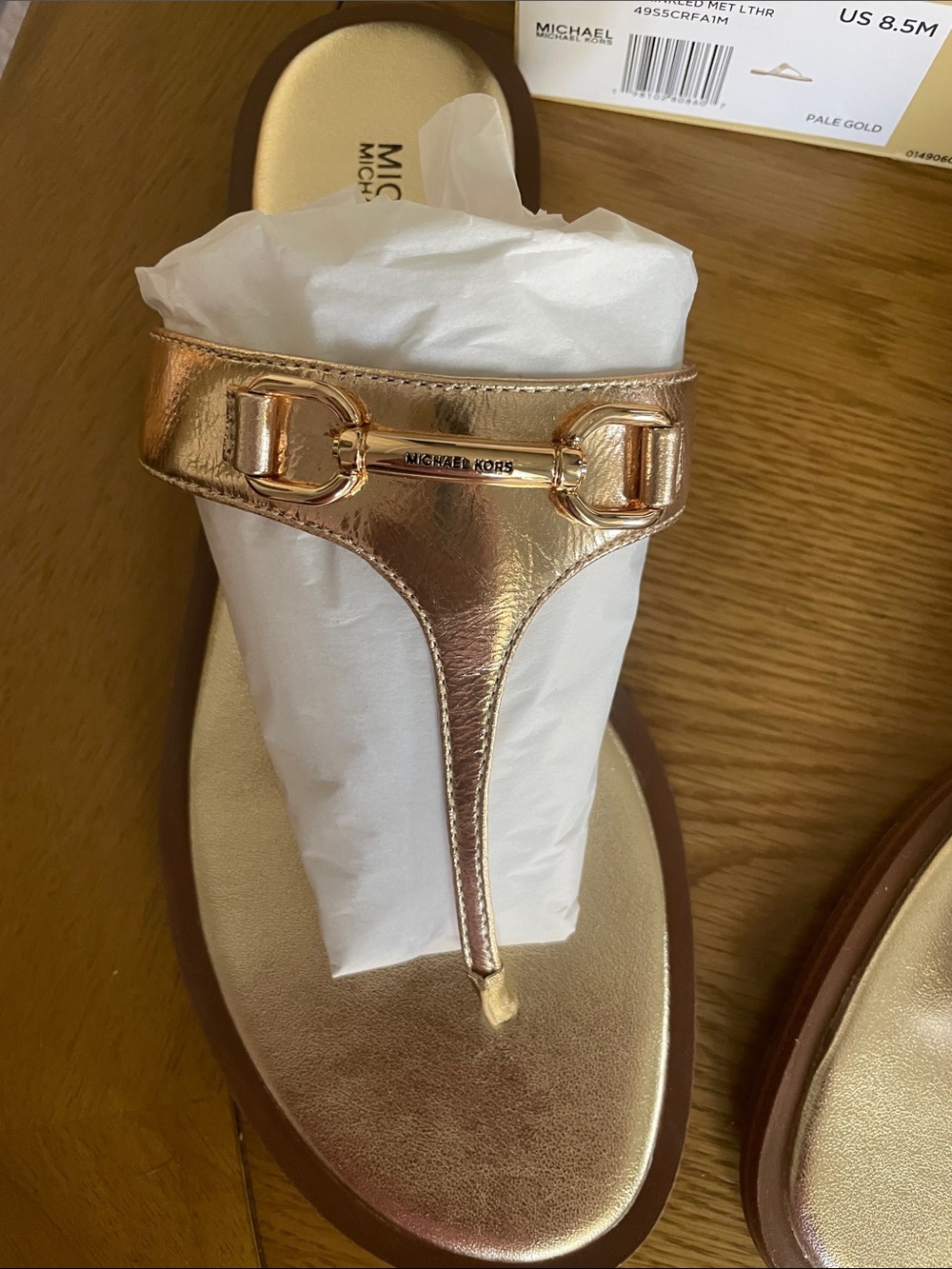 Michael Kors Metallic Pale Gold Leather T-Strap Sandals - Picture 2 of 8